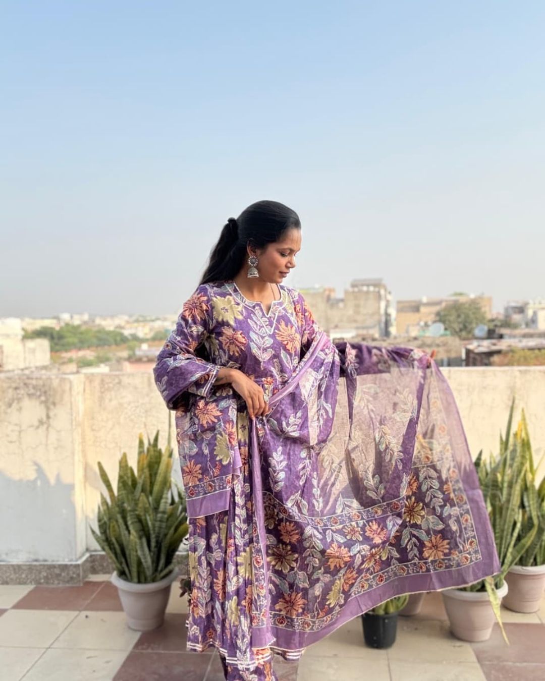 Purple colour cotton suit with cotton dupatta