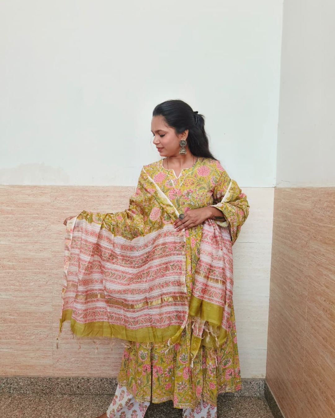 Pink flower Hand block printed cotton anarkali kurta suit with chanderi silk dupta suit set