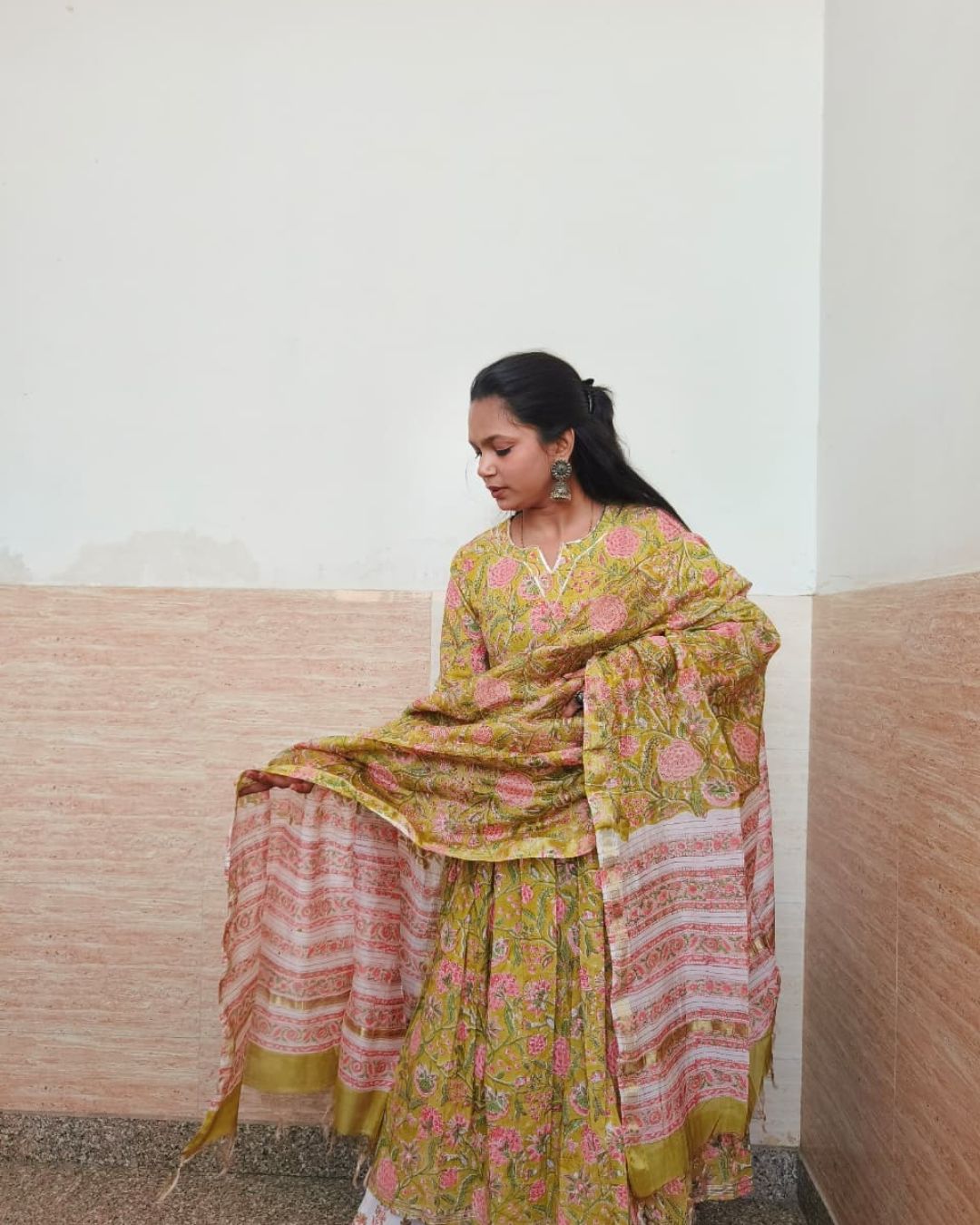 Pink flower Hand block printed cotton anarkali kurta suit with chanderi silk dupta suit set