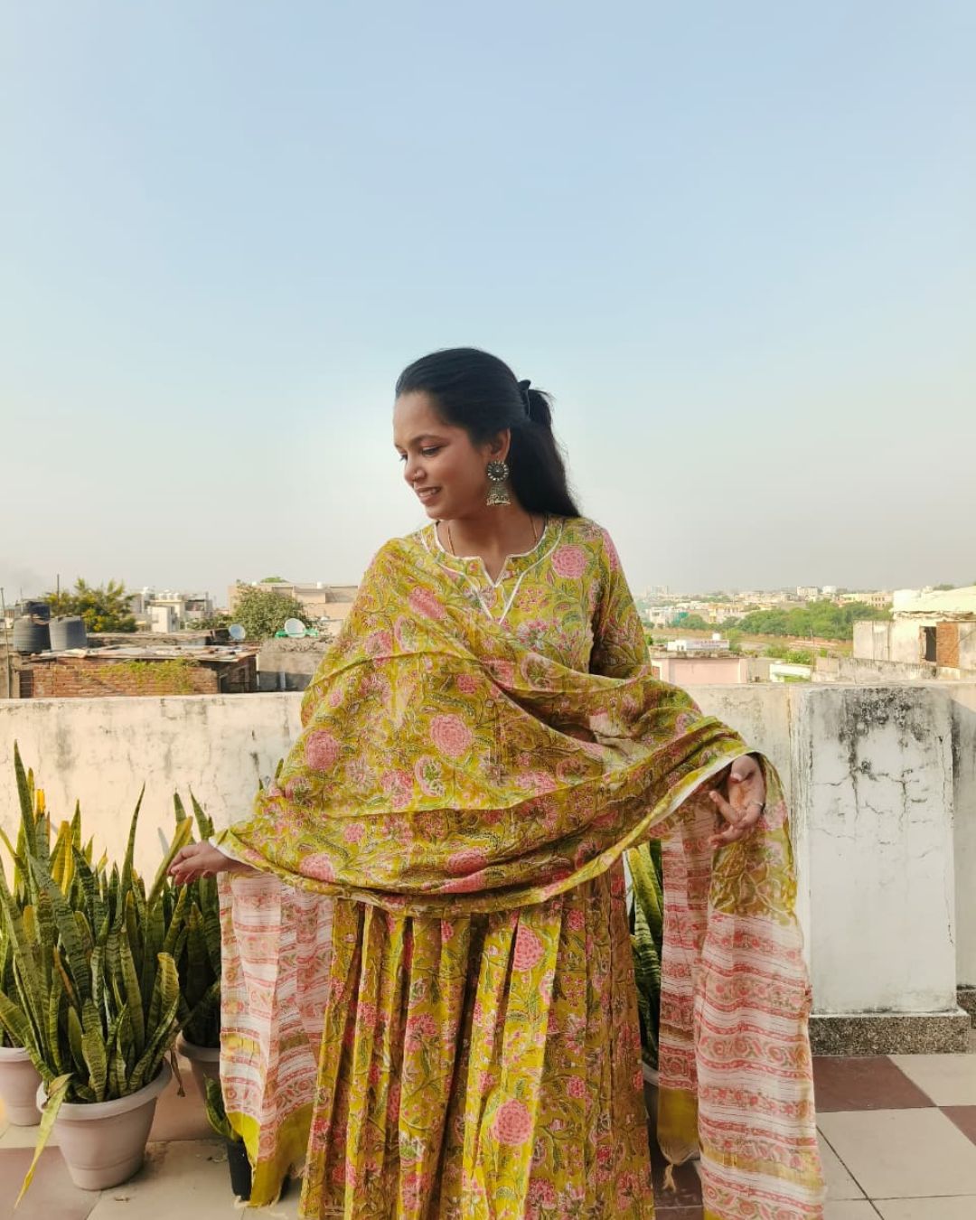 Pink flower Hand block printed cotton anarkali kurta suit with chanderi silk dupta suit set