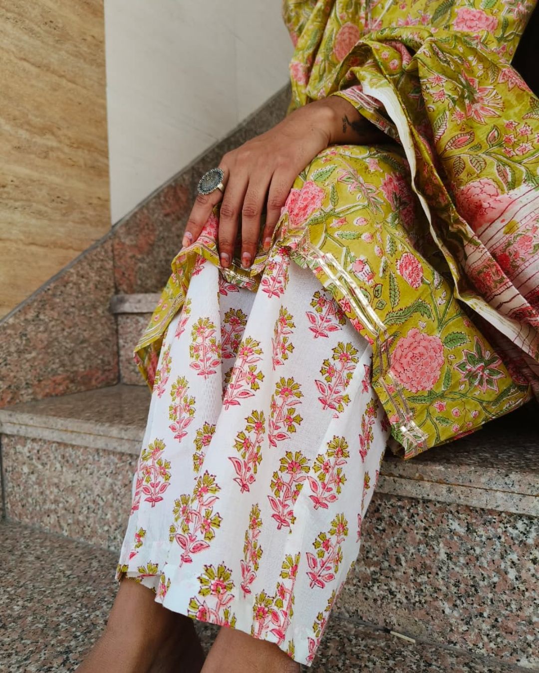 Pink flower Hand block printed cotton anarkali kurta suit with chanderi silk dupta suit set