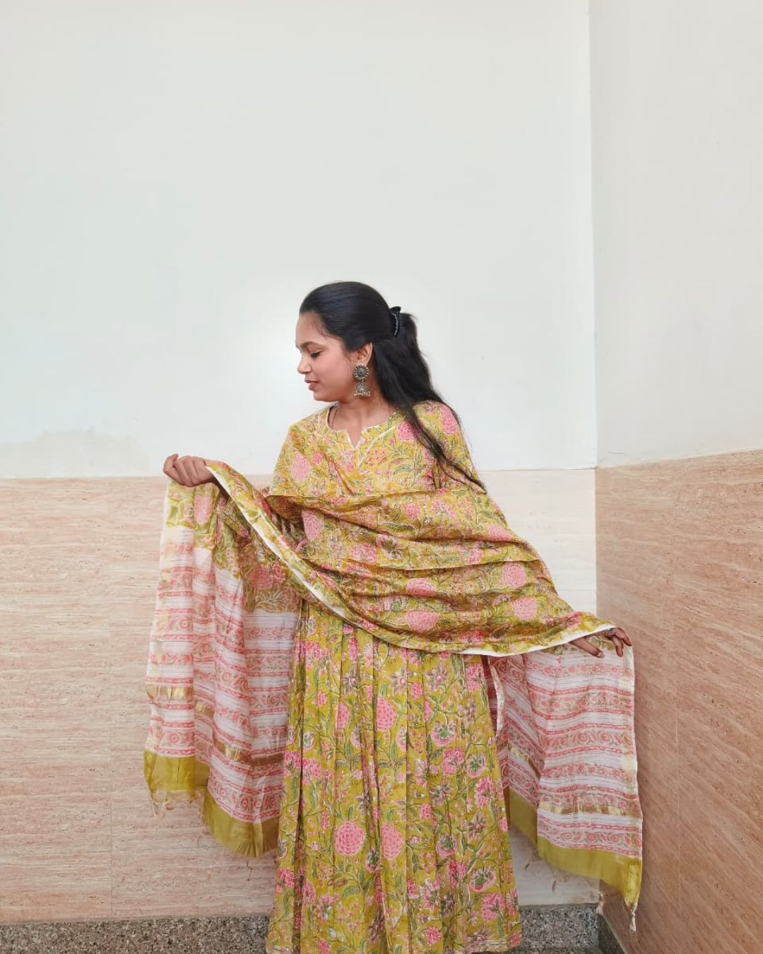 Pink flower Hand block printed cotton anarkali kurta suit with chanderi silk dupta suit set