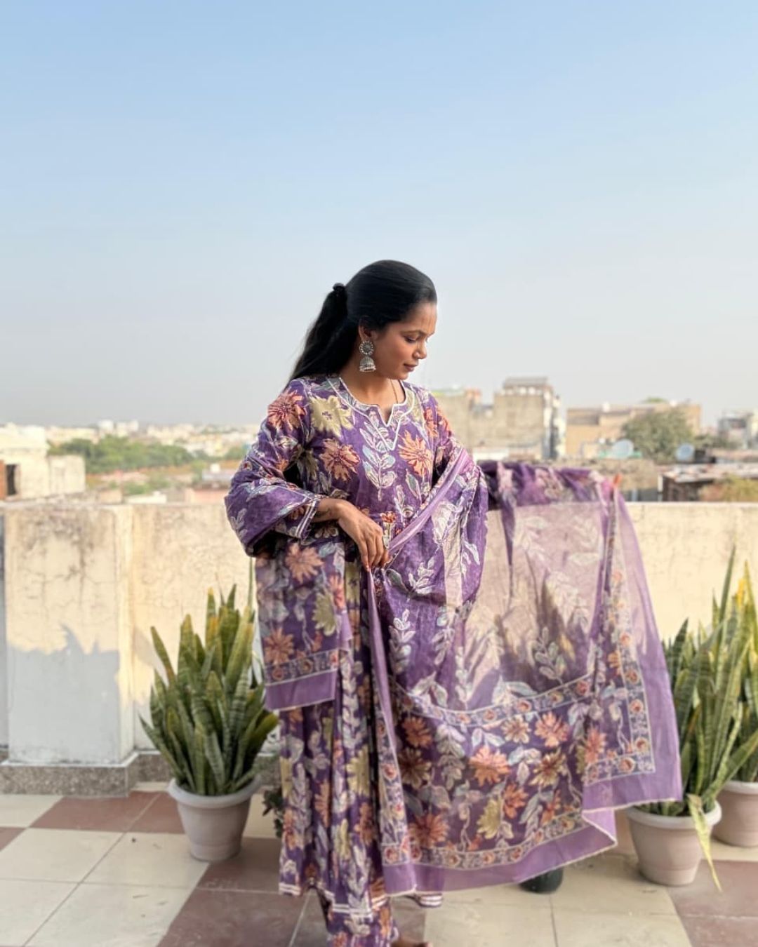 Purple colour cotton suit with cotton dupatta