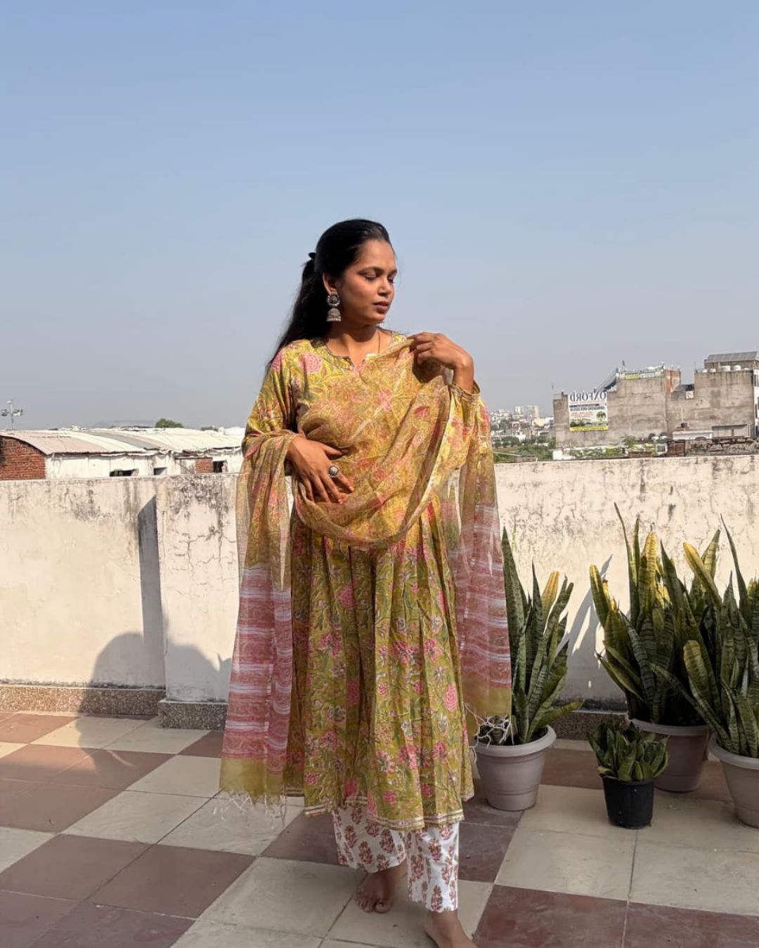 Lemon flower Hand block print cotton anarkali suit with kota doriya dupta suit