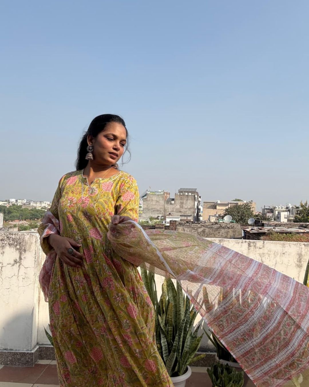 Lemon flower Hand block print cotton anarkali suit with kota doriya dupta suit