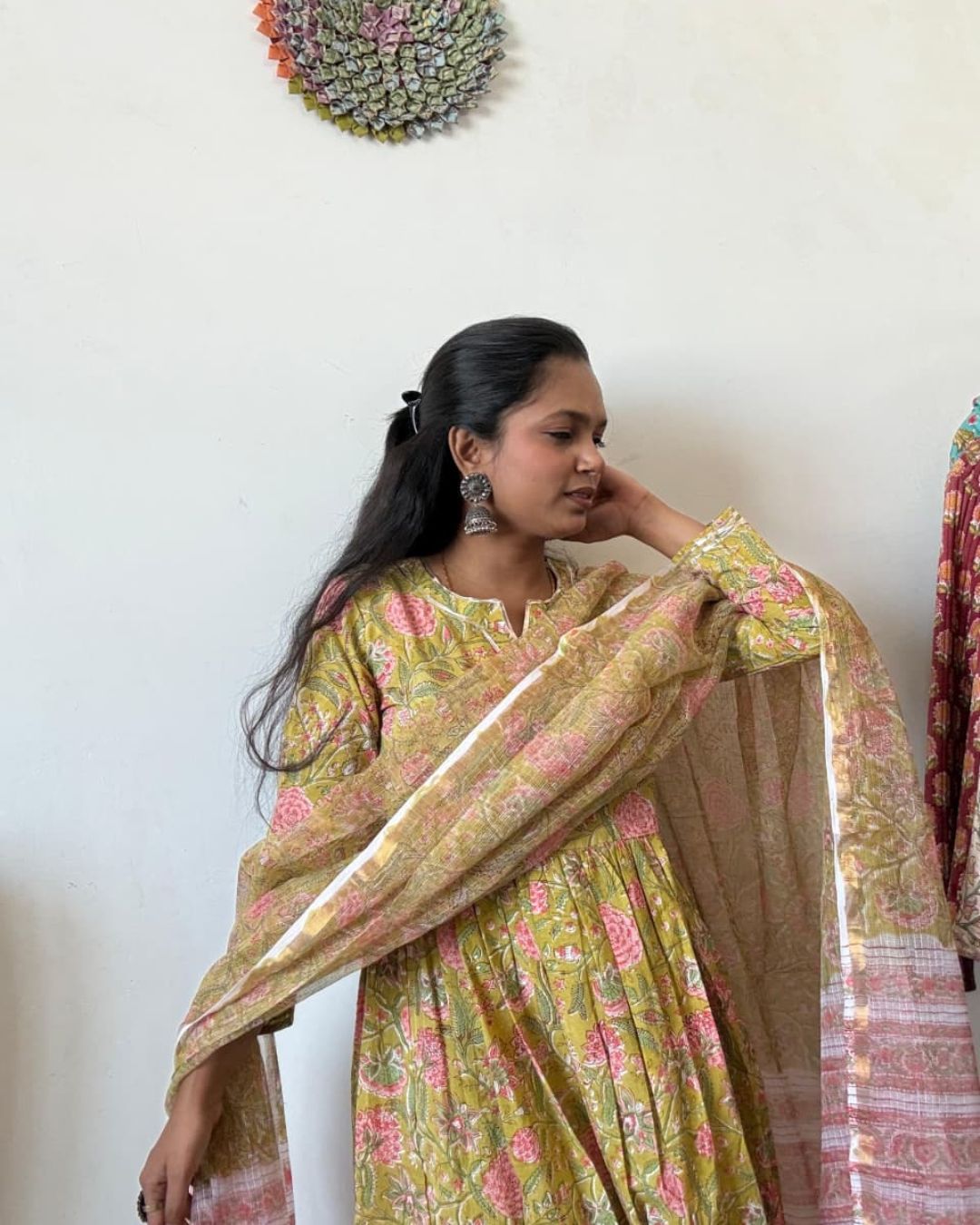 Lemon flower Hand block print cotton anarkali suit with kota doriya dupta suit