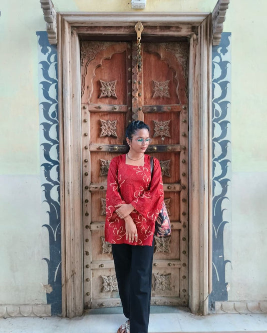 Red Rose Sleeve Short Kurti