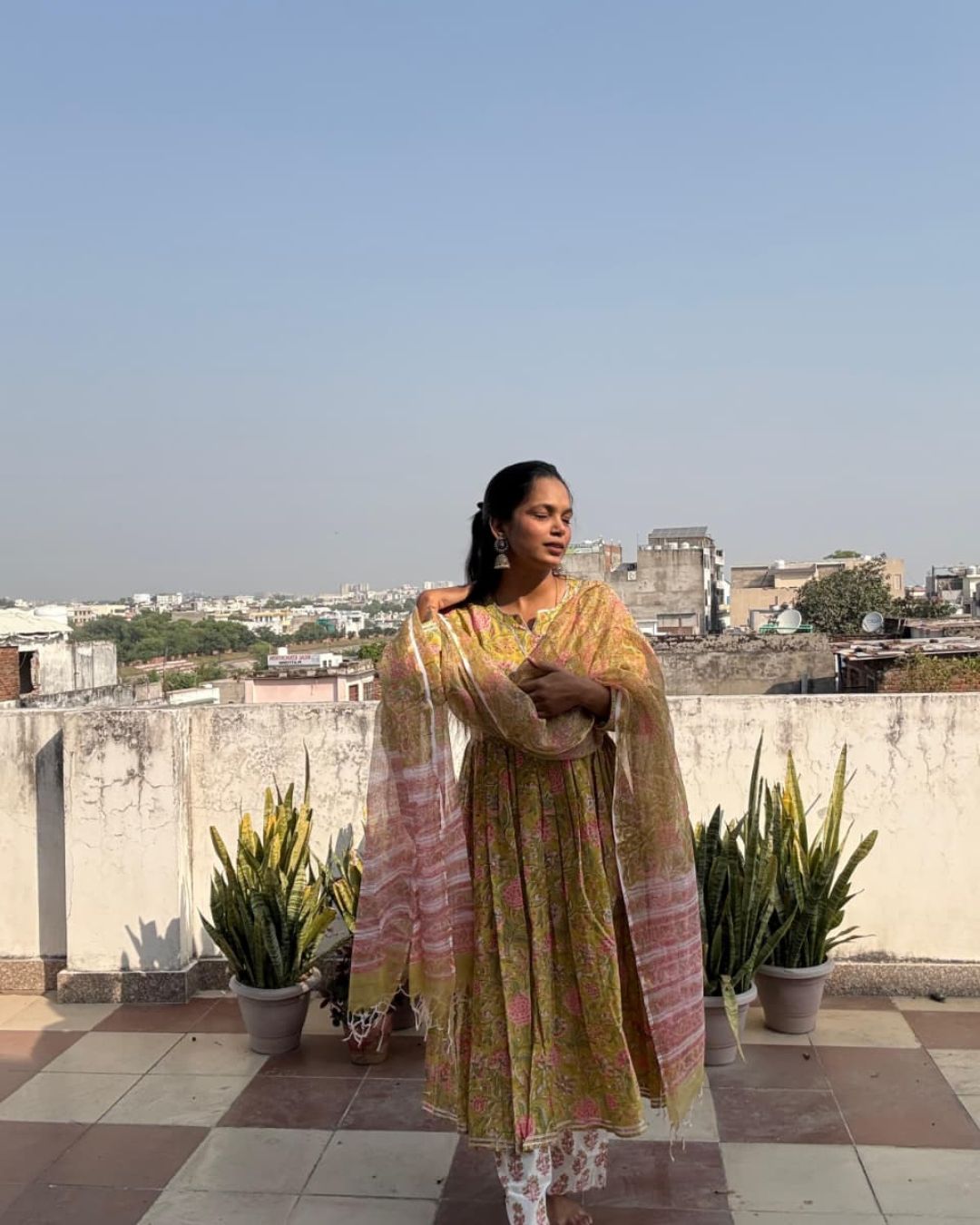 Lemon flower Hand block print cotton anarkali suit with kota doriya dupta suit