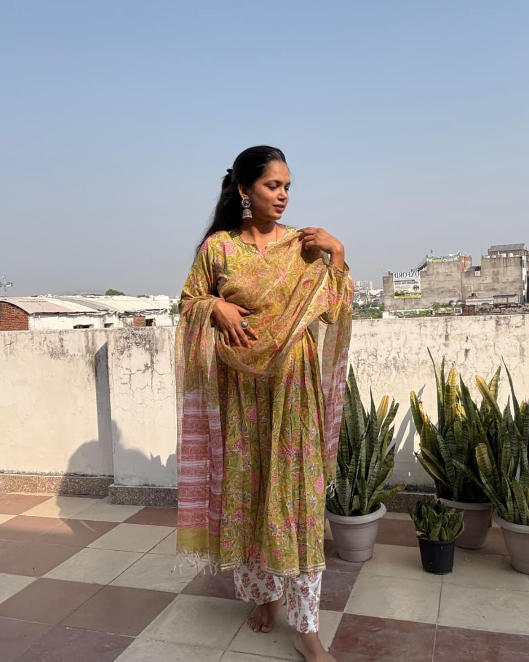 Lemon flower Hand block print cotton anarkali suit with kota doriya dupta suit