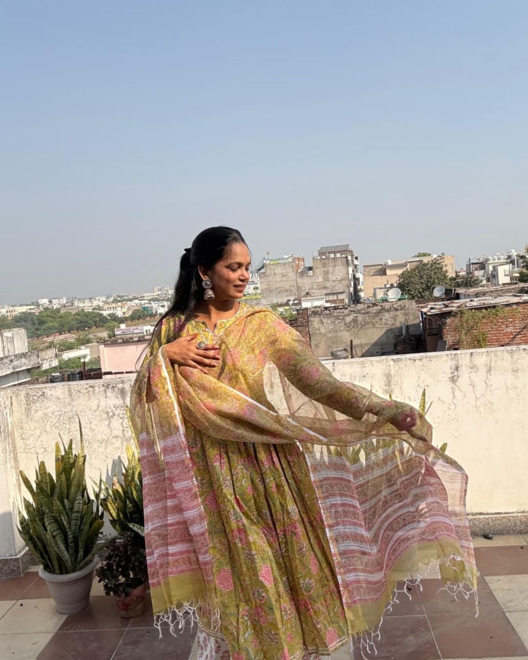 Lemon flower Hand block print cotton anarkali suit with kota doriya dupta suit